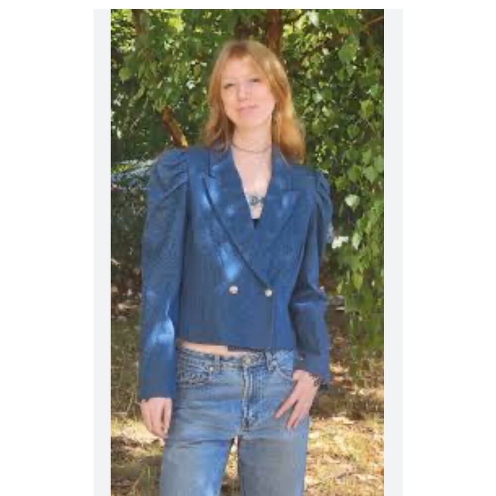 500 Maison Cinqcent Double Breasted‎ Puff Sleeve Denim Blazer Size M Blue Boho